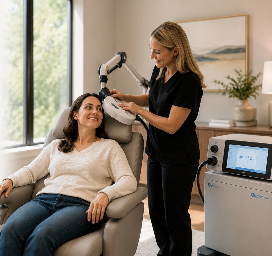 Clinician positioning the TMS coil for a patient during treatment